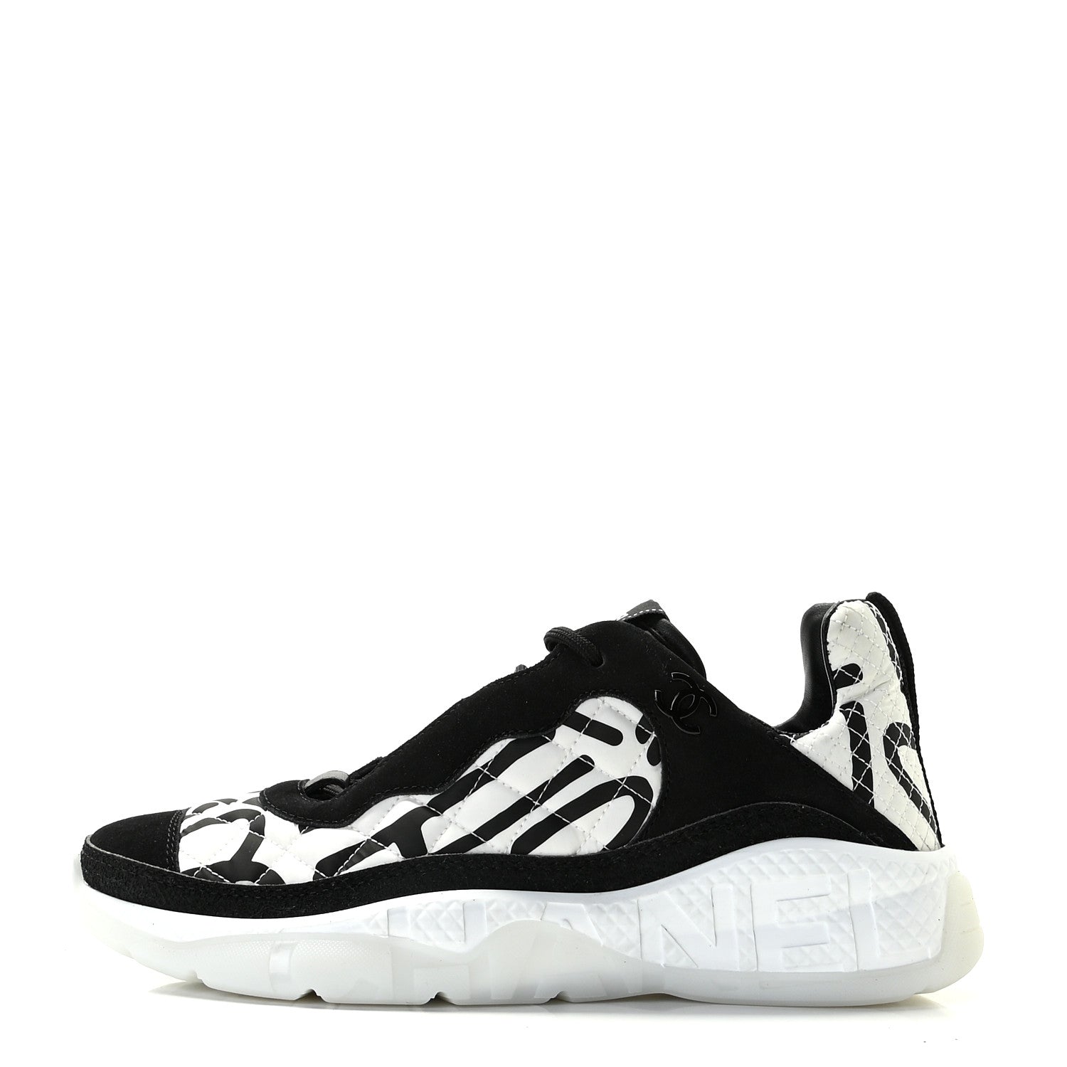 Chanel Nylon Suede Calfskin Printed Sneakers 38.5 White Black 1 of 11