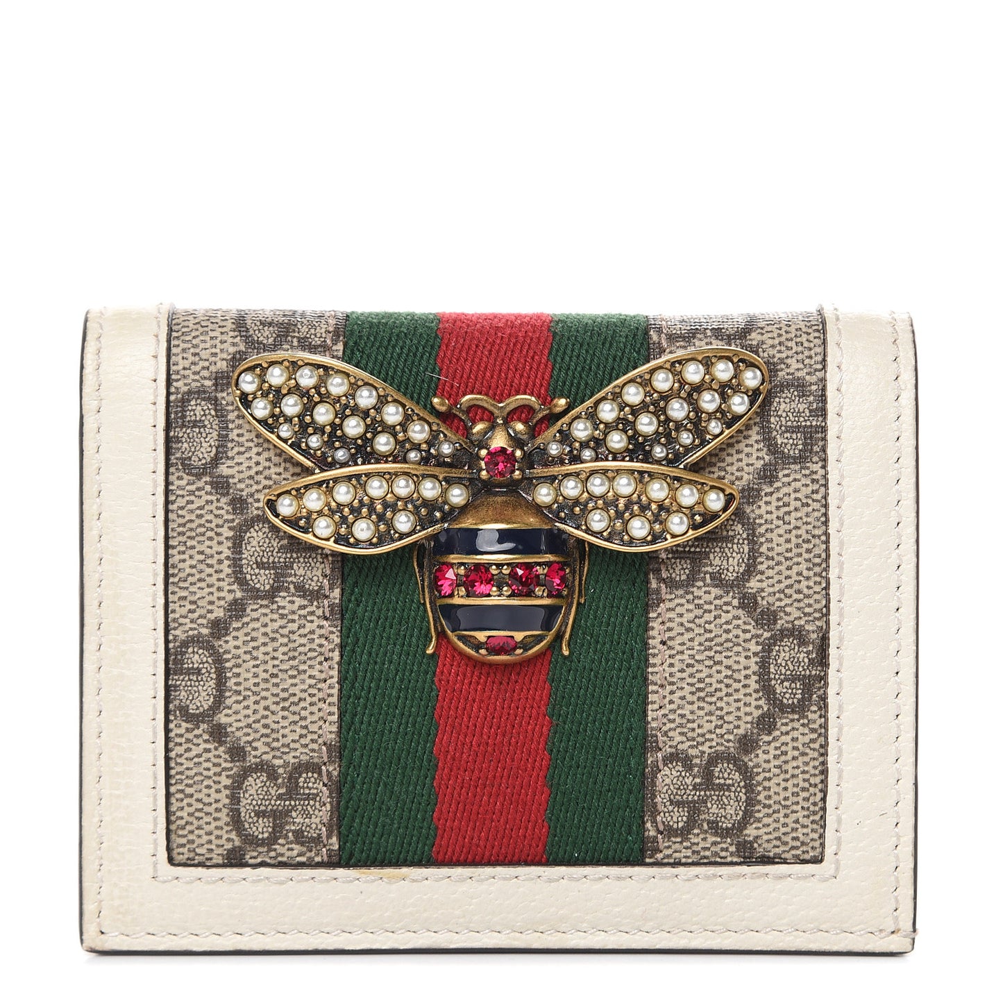 GG Supreme Monogram Web Queen Margaret Card Case Wallet Beige Mystic White