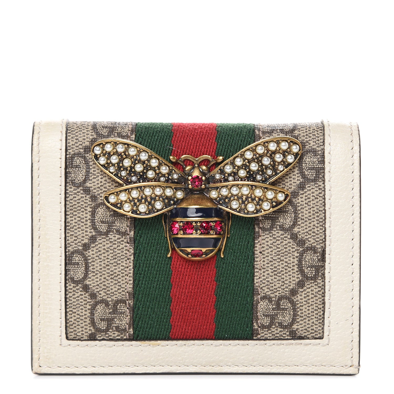 Gucci GG Supreme Monogram Web Queen Margaret Card Case Wallet Beige Mystic White 1 of 7