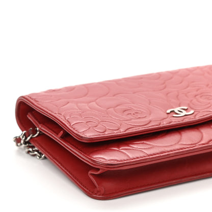 Chanel Lambskin Camellia Embossed Wallet On Chain WOC Red 10 of 13