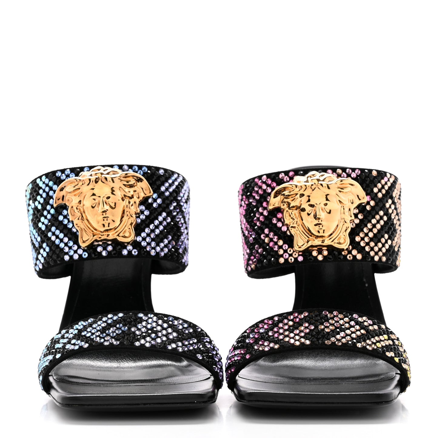 X FENDI Calfskin Crystal Fendace FF Medusa High Heel Mule Sandals 36 Black Multicolor