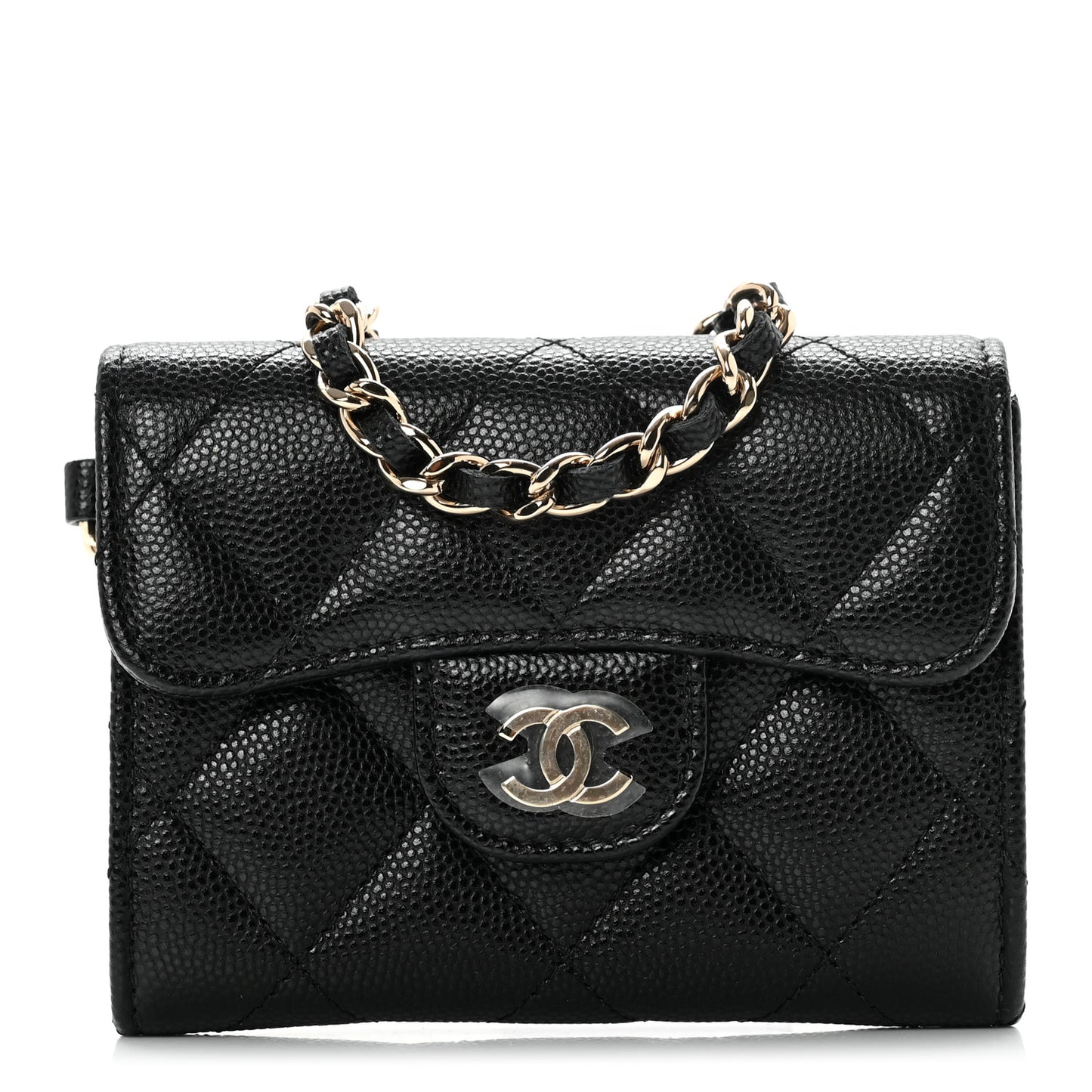 Caviar Quilted Flap Card Holder Chain Wristlet Black