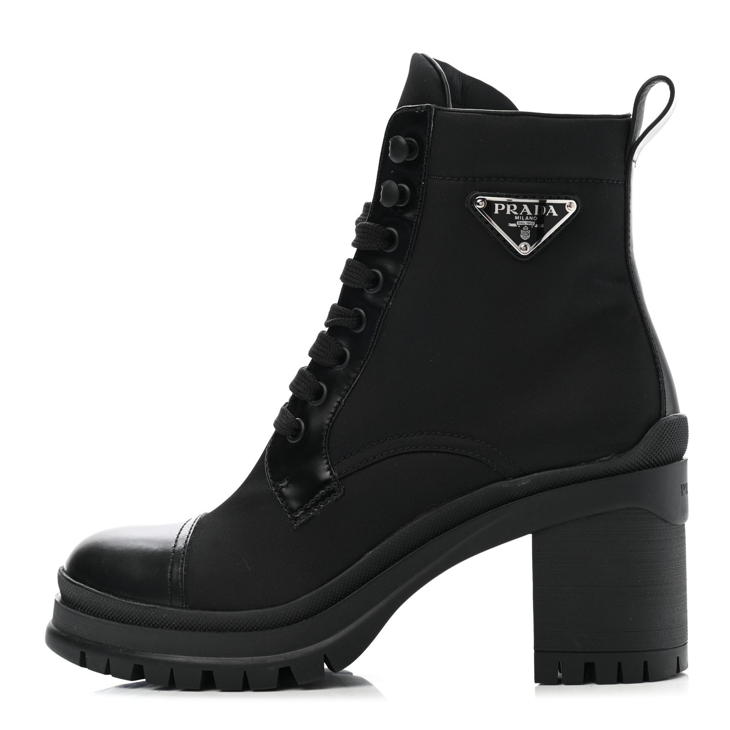 Spazzolato Re-Nylon Metal Triangle Logo Lace Up 85mm Boots Black