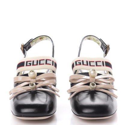 Gucci Malaga Kid Bow Ace Stripe Mid Heel Slingback Pumps 36.5 Black 2 of 10