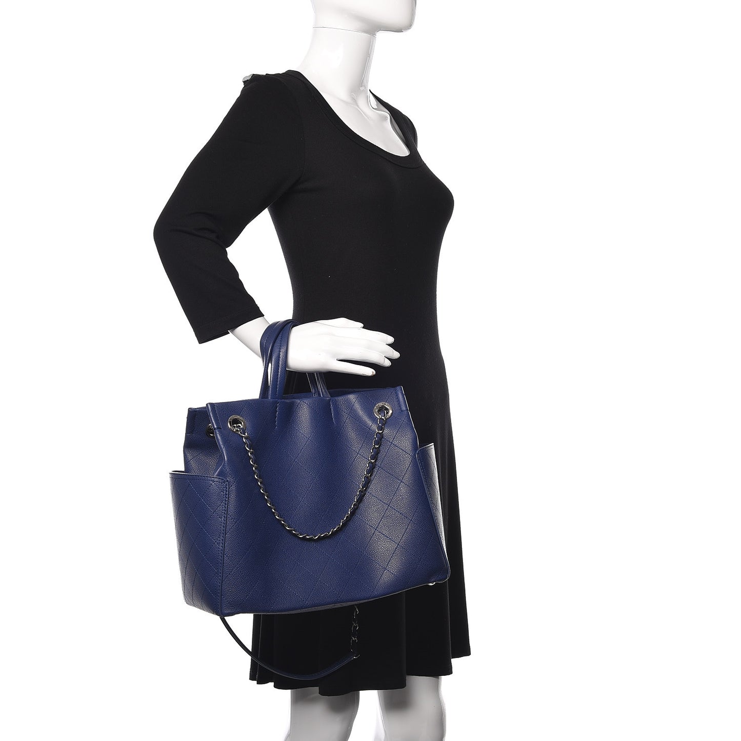 Grained Calfskin Small CC Pocket Tote Blue