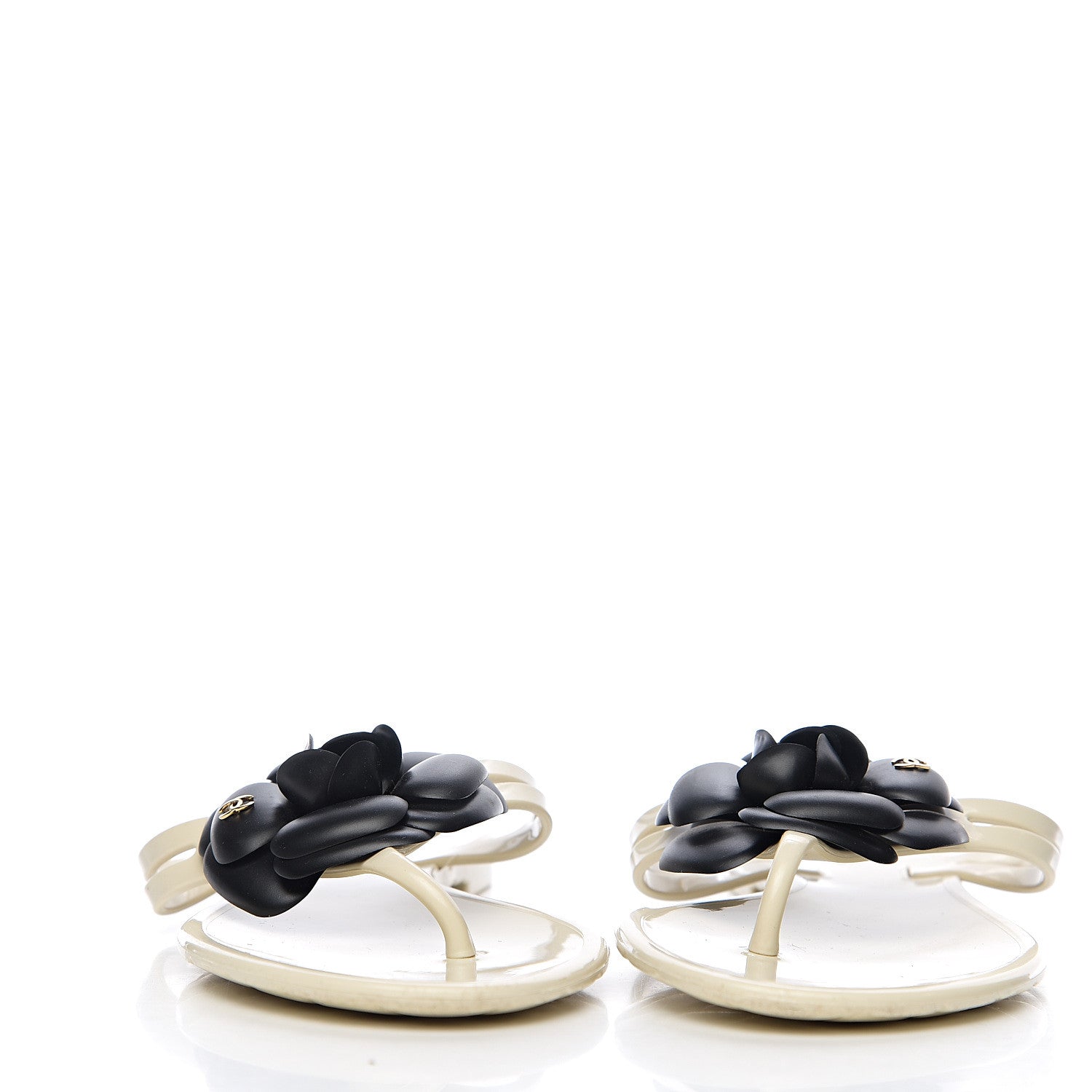 Chanel Jelly Camellia Thong Sandals 37 Ivory Black 2 of 9