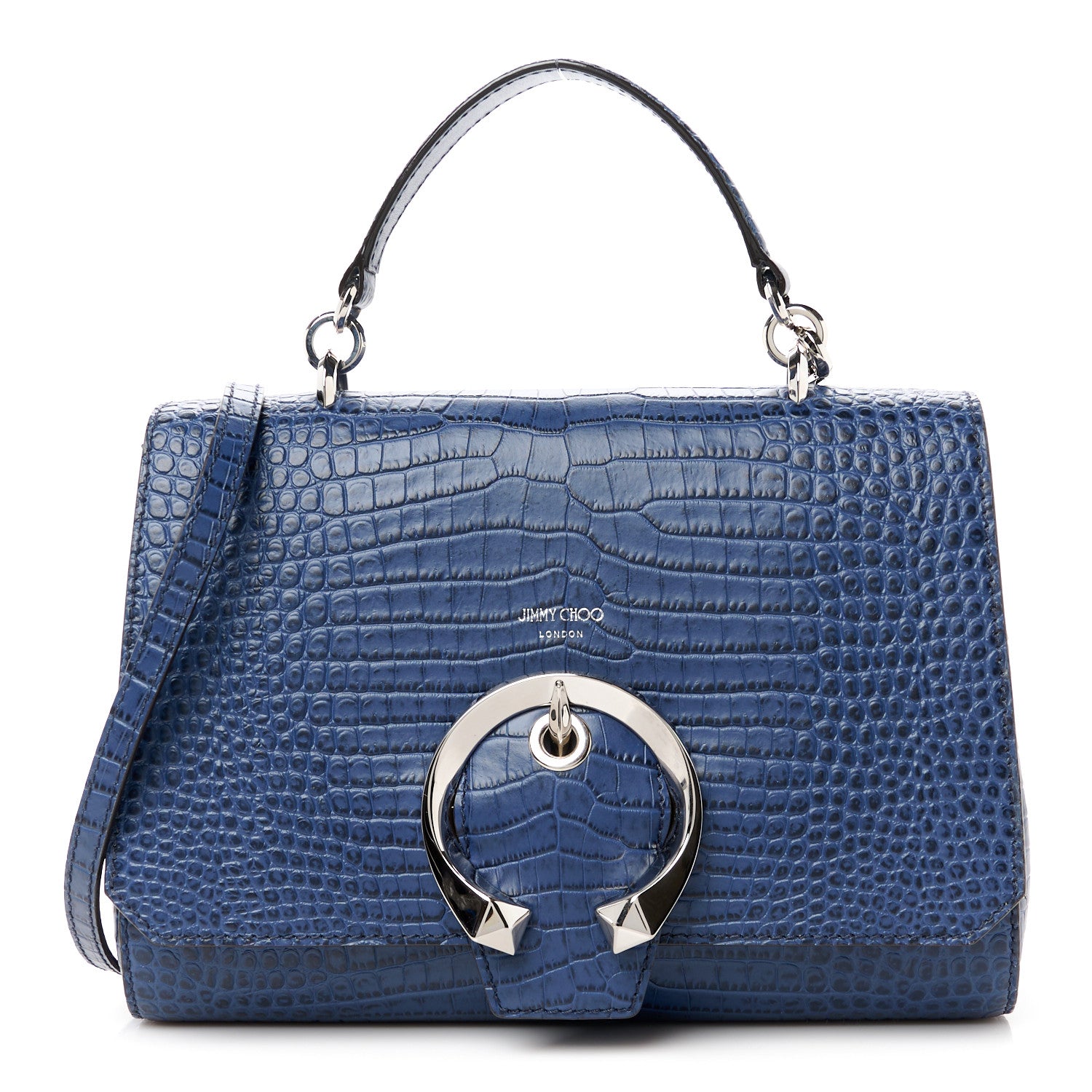 Jimmy Choo Calfskin Crocodile Embossed Madeline Top Handle Denim 1 of 10