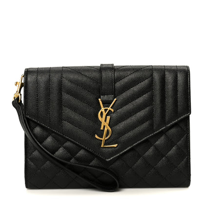 Saint Laurent Grain De Poudre Textured Mixed Matelasse Triquilt Monogram Clutch Black 1 of 9