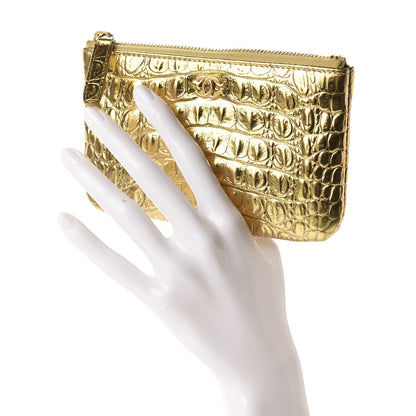 Chanel Metallic Calfskin Crocodile Embossed Cocodile Cosmetic Case Gold 2 of 8