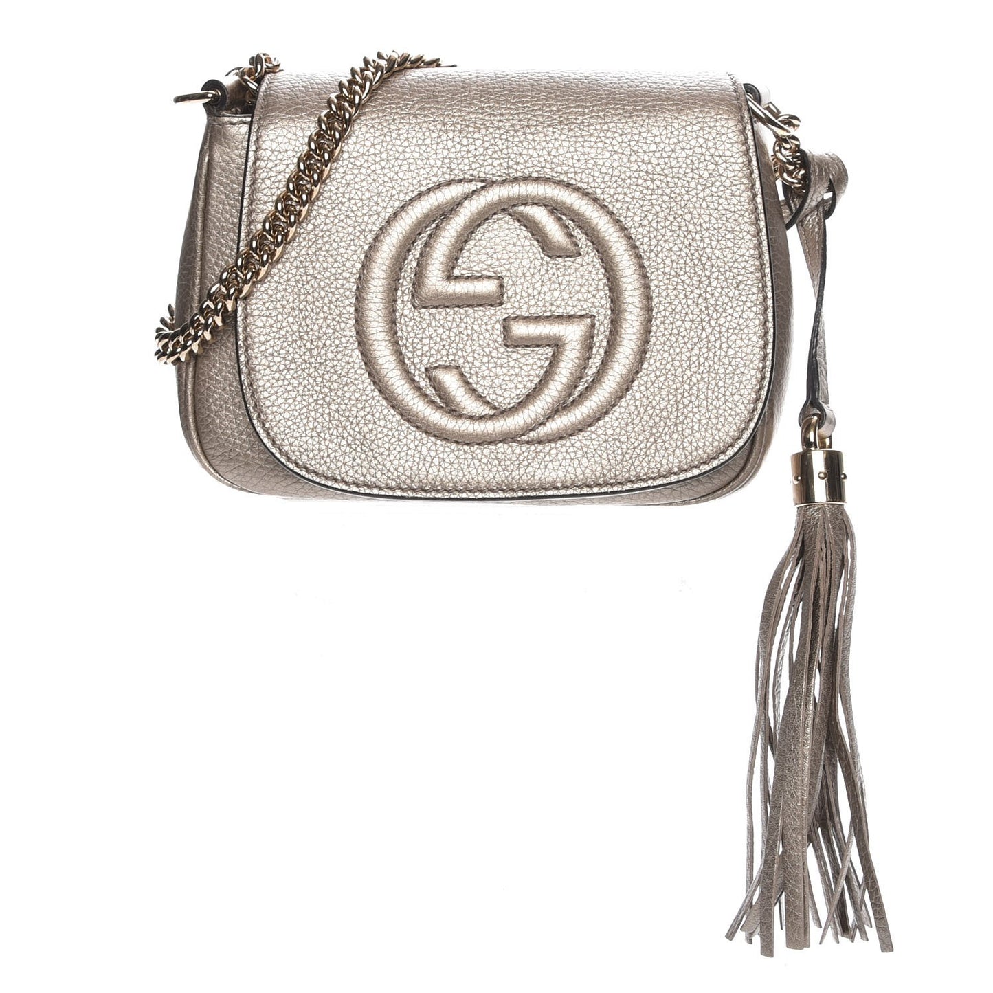 Metallic Pebbled Calfskin Small Soho Flap Crossbody Golden Beige