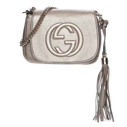 Gucci Metallic Pebbled Calfskin Small Soho Flap Crossbody Golden Beige 1 of 7