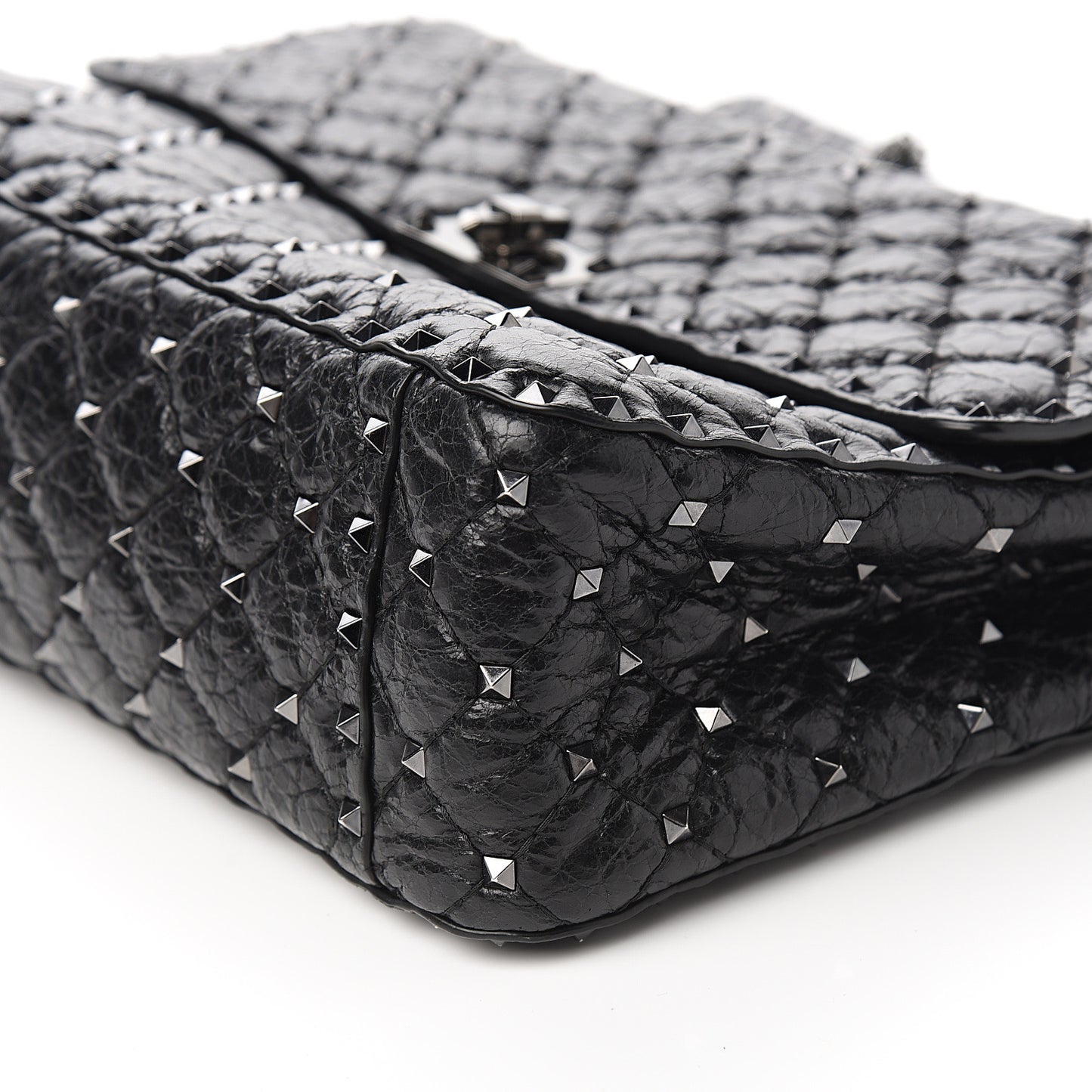 Craquele Nappa Large Rockstud Spike Shoulder Bag Black