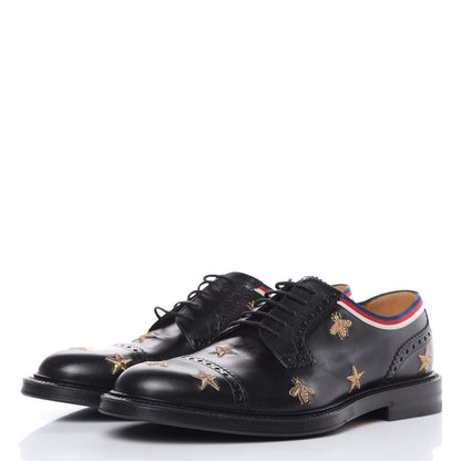 Gucci Calfskin Bee Star Embroidered Mens Captoe Derby Loafers 7.5 Black 3 of 10