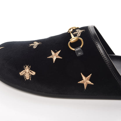 Gucci Softy Velvet Malaga Kid Bee Star Embroidered Womens Horsebit River Slippers 37 Black 9 of 10
