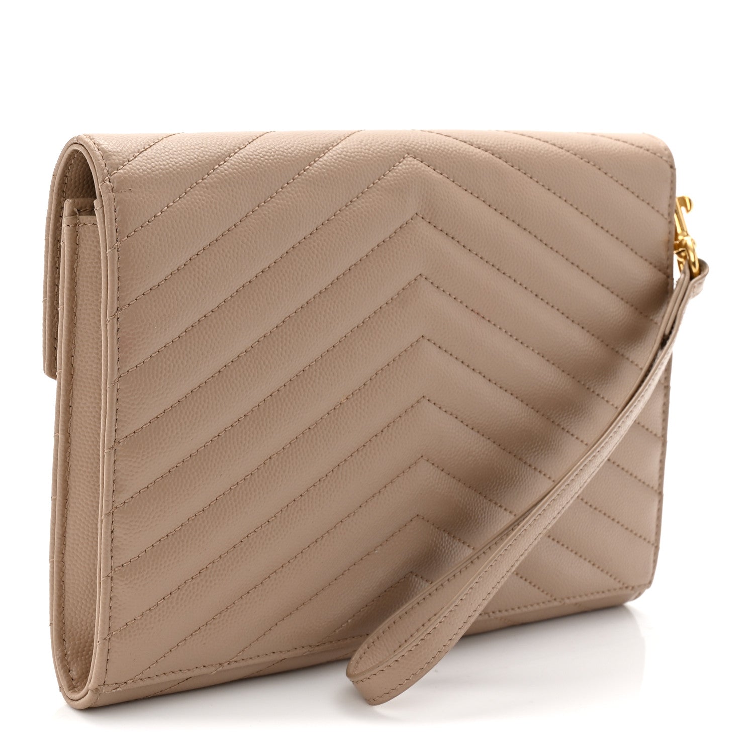 Saint Laurent Grain De Poudre Matelasse Chevron Monogram Envelope Clutch Dark Beige 3 of 11