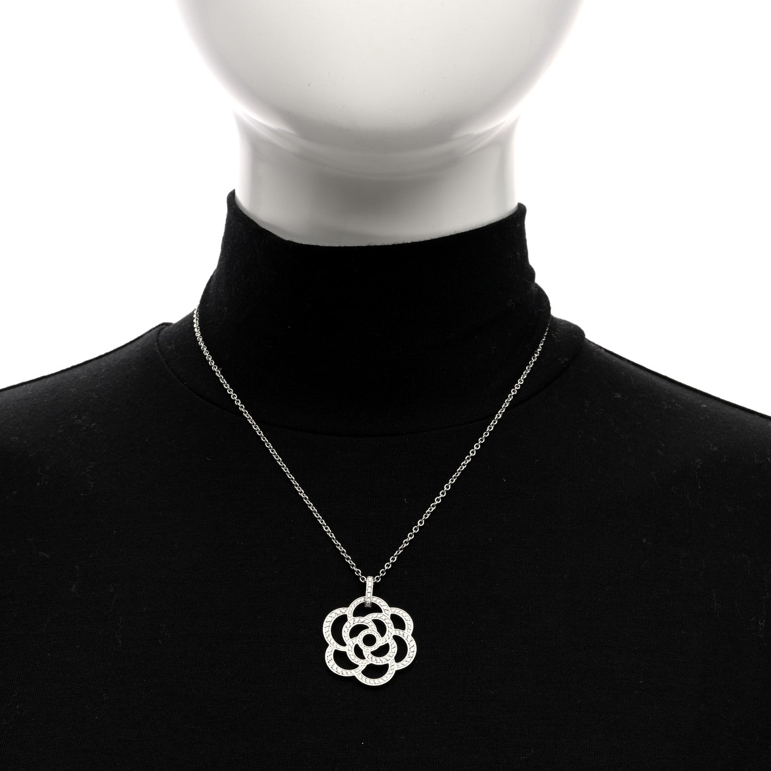 Chanel 18K White Gold Diamond Camelia Ajoure Pendant Necklace 2 of 5