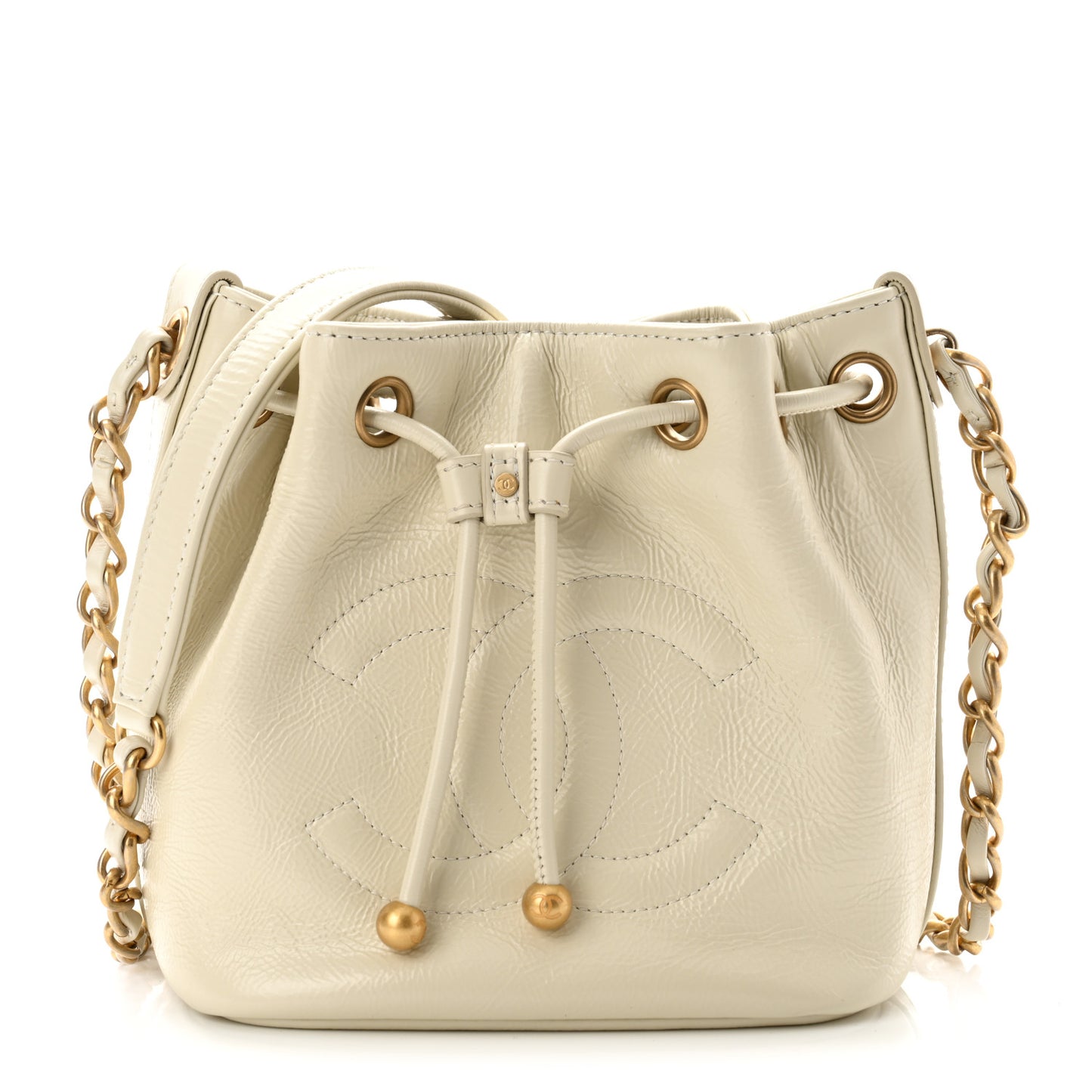 Shiny Aged Calfskin CC Chain Mini Drawstring Bag White
