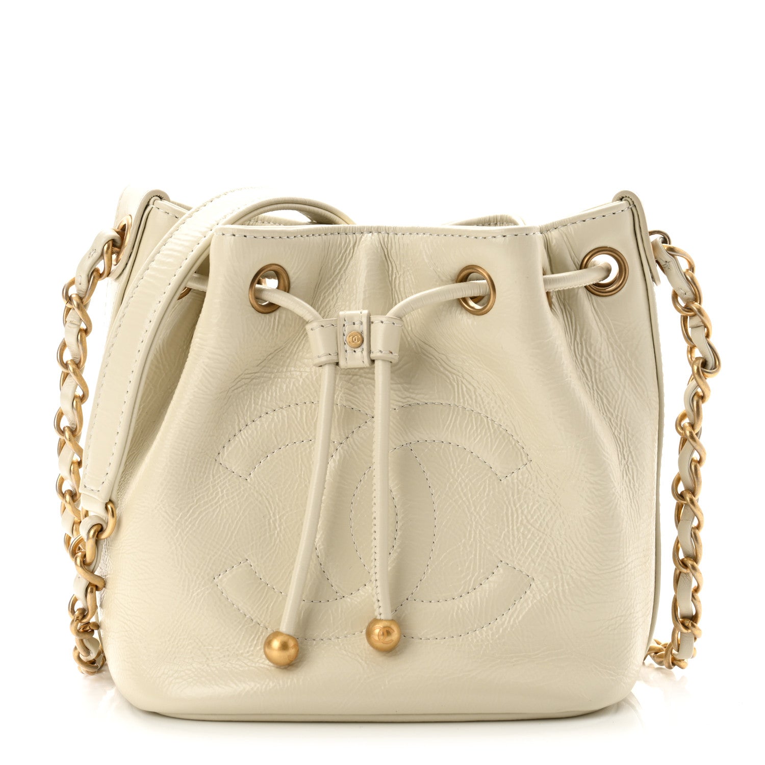 Chanel Shiny Aged Calfskin CC Chain Mini Drawstring Bag White 1 of 10