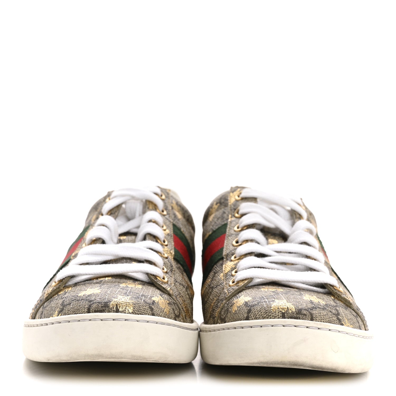 Gucci GG Supreme Monogram Bees Ayers Web Womens Ace Sneakers 37.5 Beige Oro Green Red 3 of 11