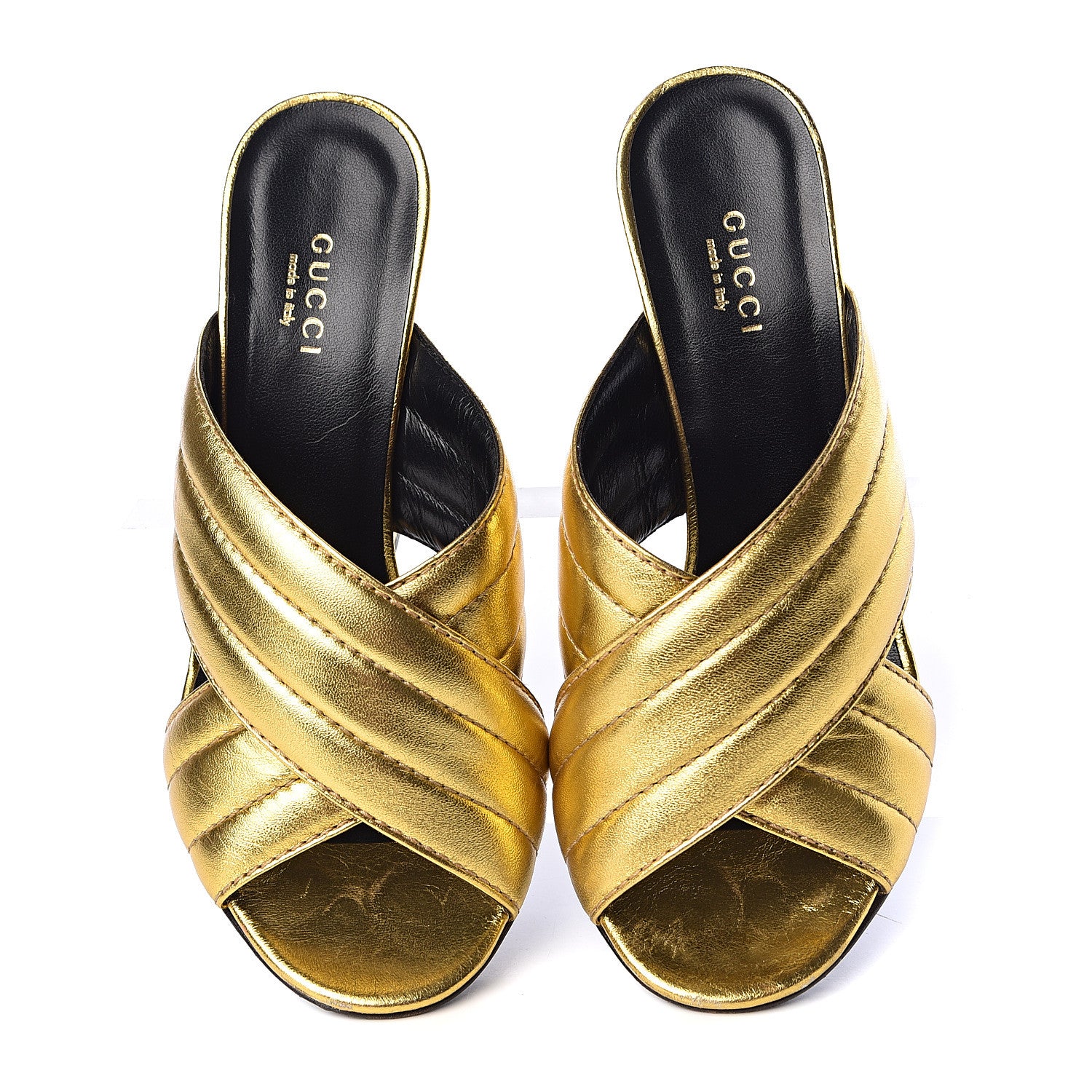 Gucci Metallic Nappa Webby Crossover High Heel Slide Sandals 37.5 Oro Vecchio 5 of 18