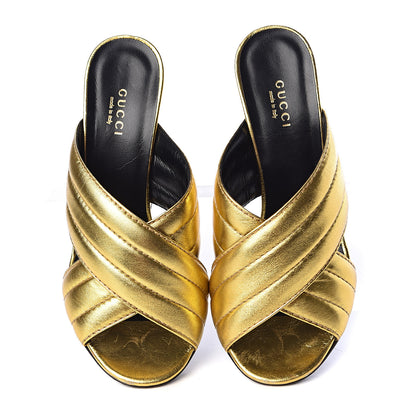 Gucci Metallic Nappa Webby Crossover High Heel Slide Sandals 37.5 Oro Vecchio 5 of 18