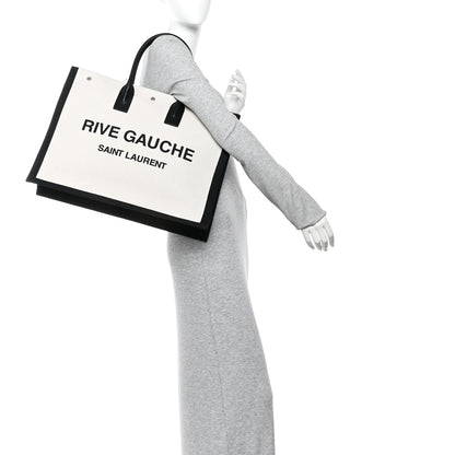 Saint Laurent Linen Calfskin Rive Gauche Tote White Black 2 of 10