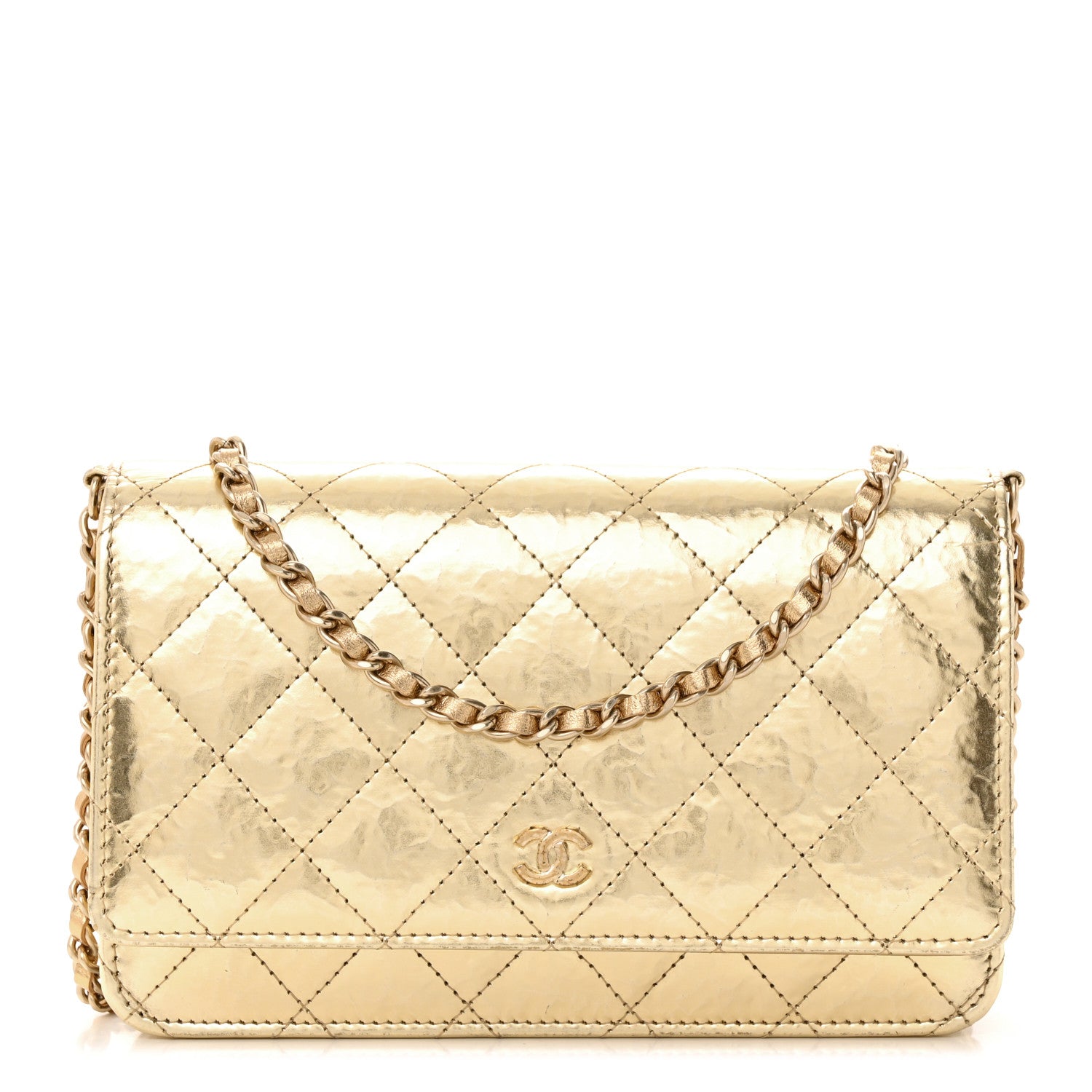 Chanel Hammered Metallic Calfskin Quilted Wallet On Chain WOC Gold