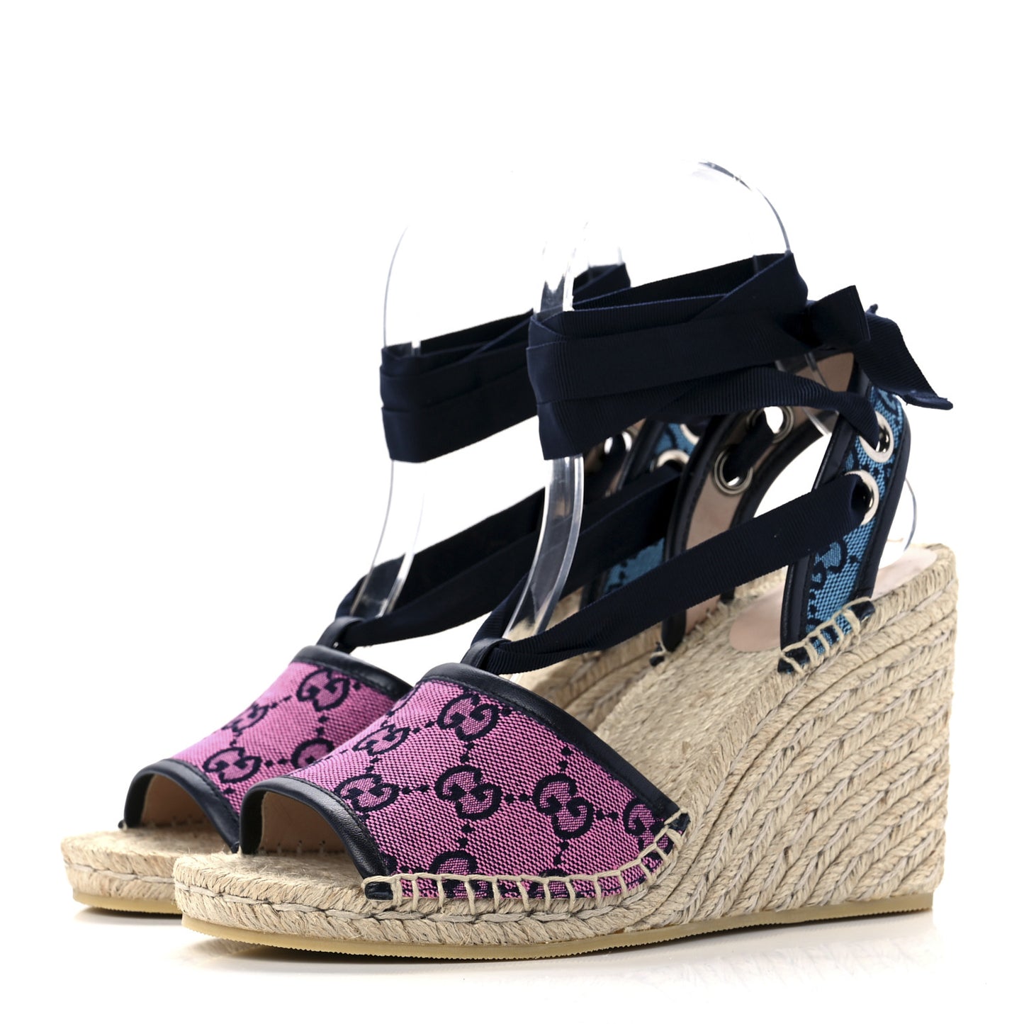 Monogram Multicolor Ankle Wrap Espadrille Wedge Sandals 37.5 Pink Blue