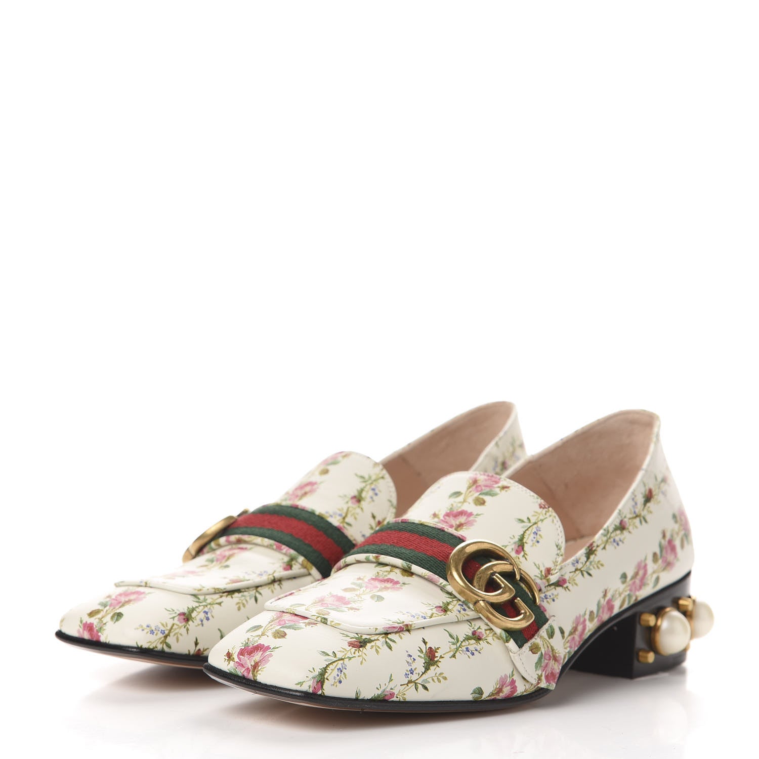 Gucci Calfskin Web Pearl Floral Embellished Peyton Loafer 38 White Multicolor 3 of 9