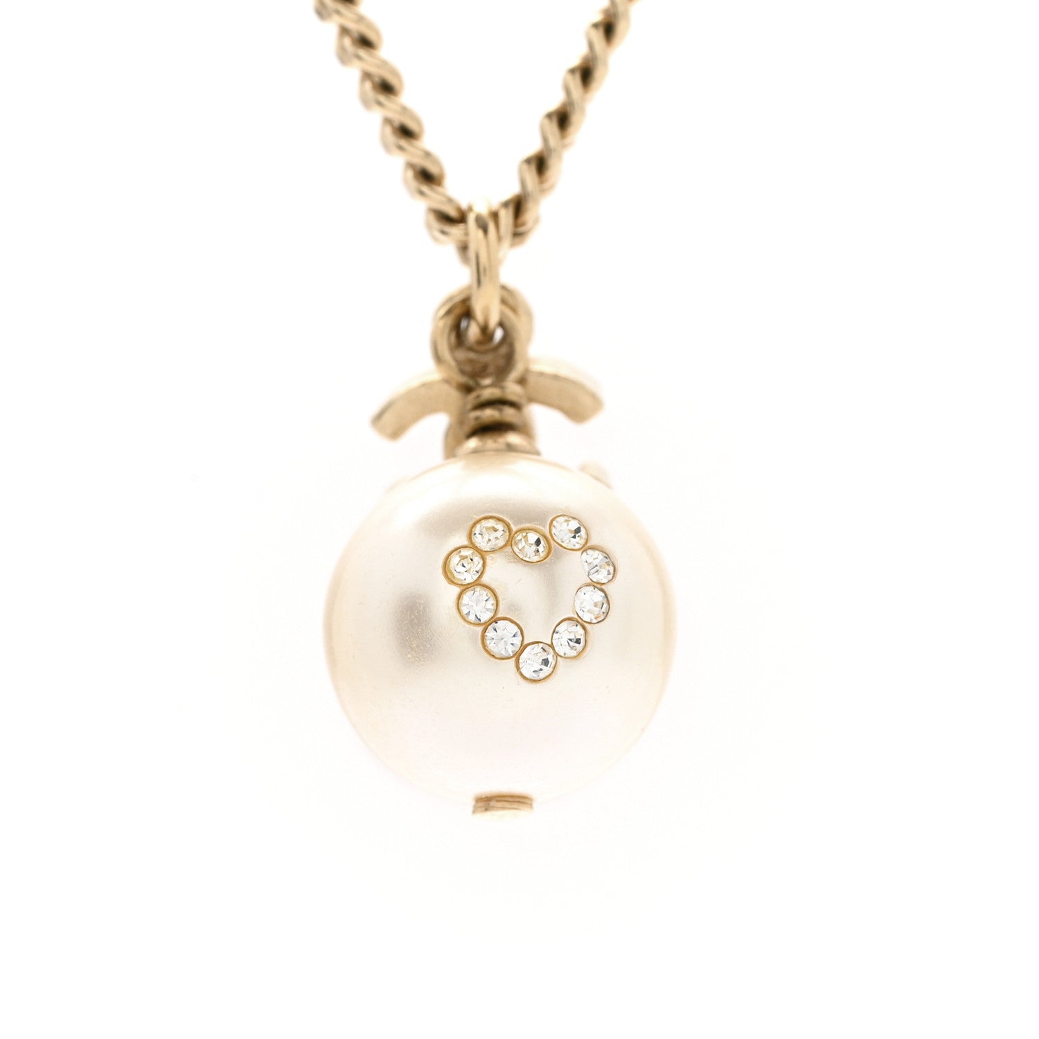 Chanel Pearl Crystal CC Heart Necklace Gold White 4 of 6