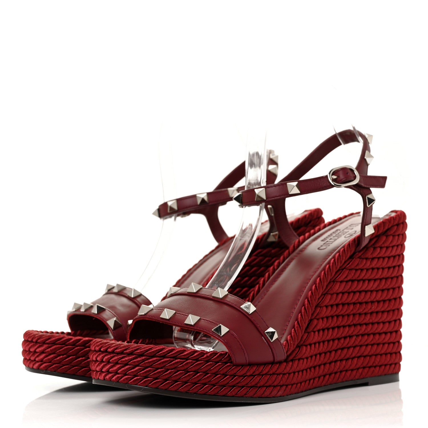 Valentino Garavani Silk Calfskin Rockstud Torchon Espadrille 25/115mm Wedge Sandals 41 Cerise 3 of 7
