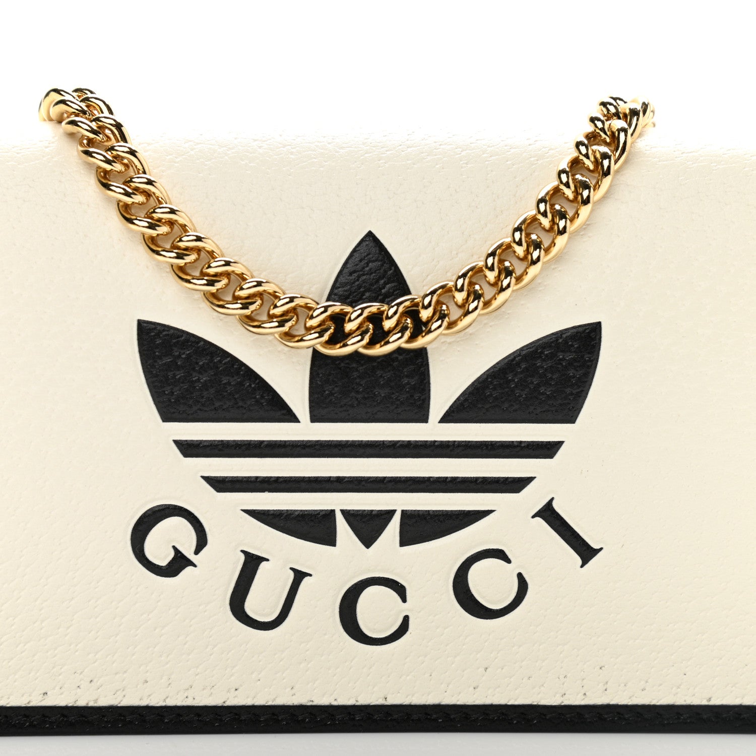 Gucci X ADIDAS Textured Dollar Calfskin Trefoil Embossed Wallet On Chain Off White Black 8 of 10