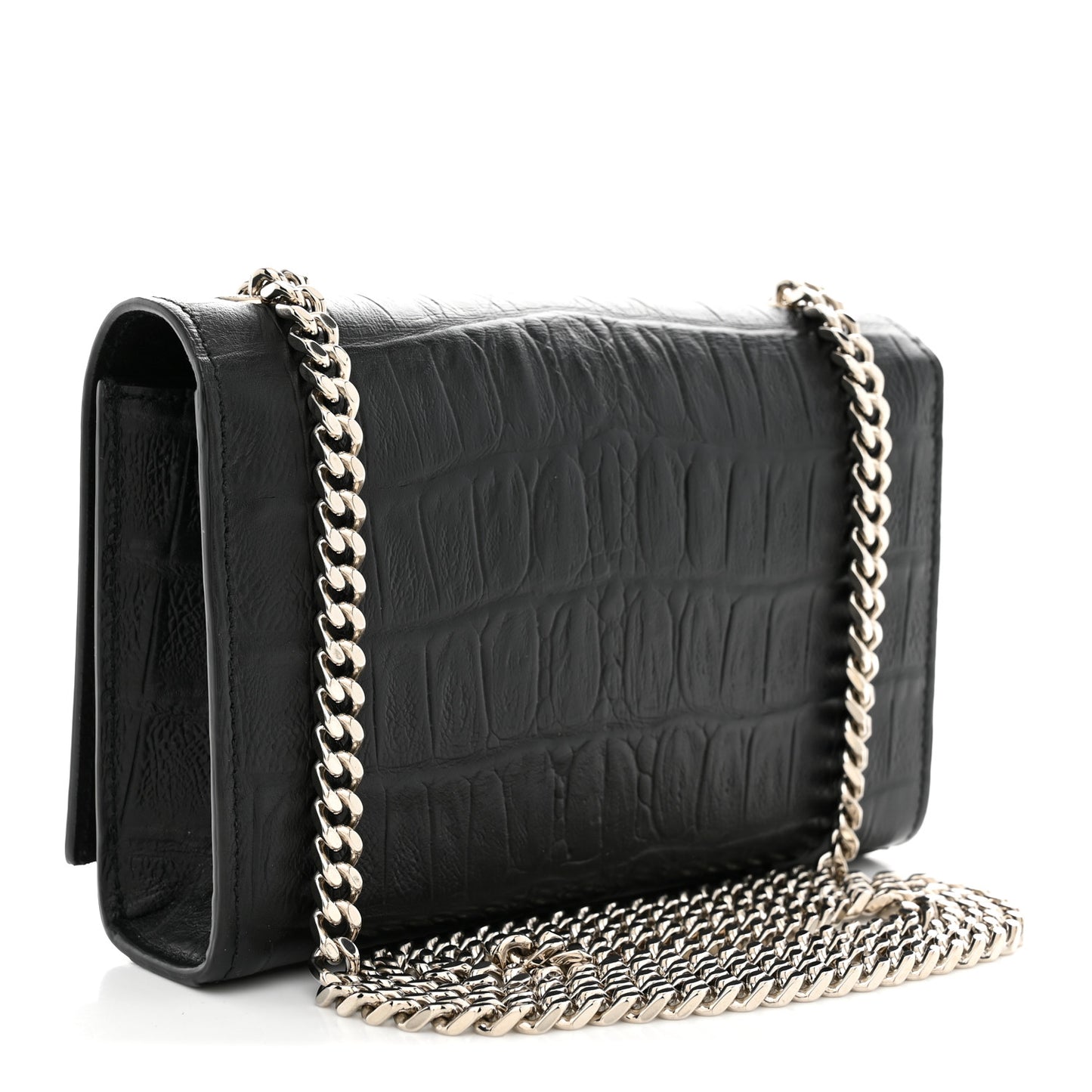 Calfskin Crocodile Embossed Small Classic Monogram Kate Tassel Satchel Black