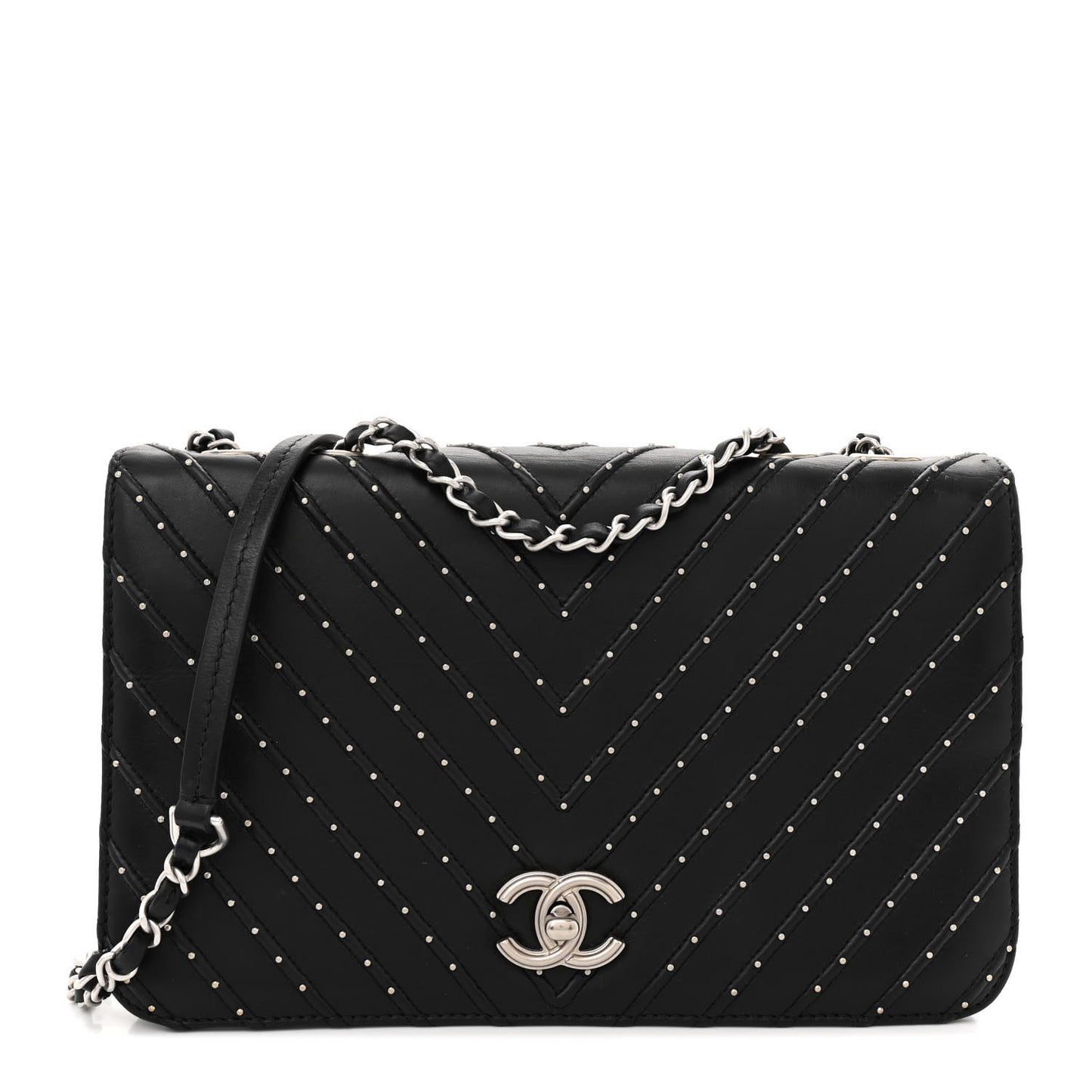 Calfskin Studded Chevron Quilted Flap Black