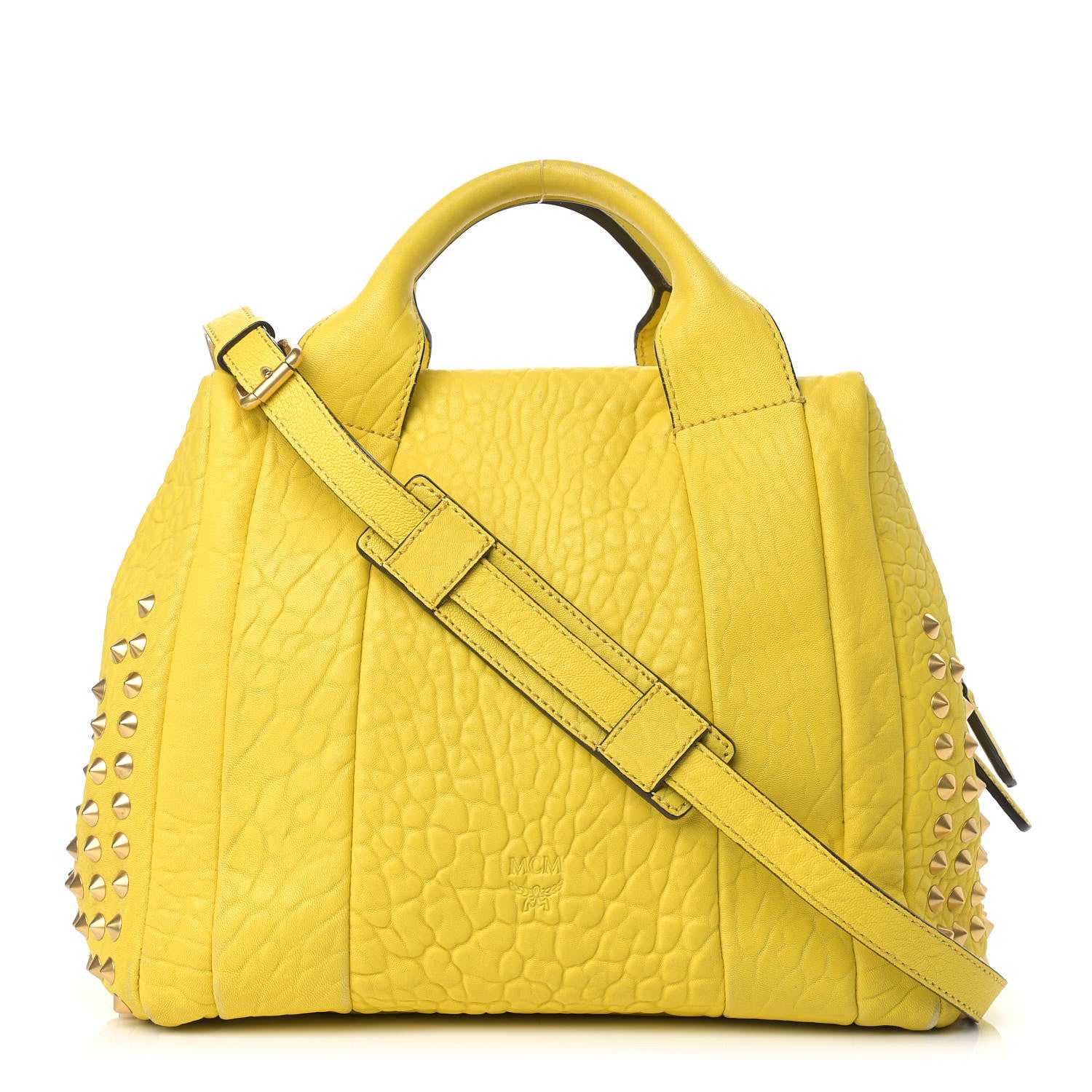MCM Pebbled Calfskin Studded Satchel Yellow 1 of 17