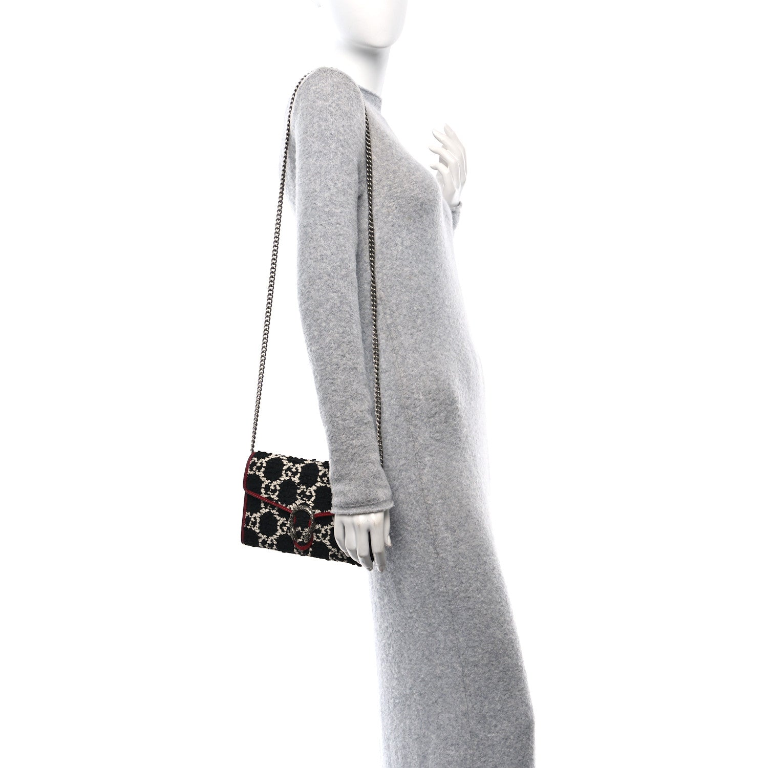 Gucci Tweed GG Monogram Mini Dionysus Chain Wallet Black White Romantic Cherry 2 of 10