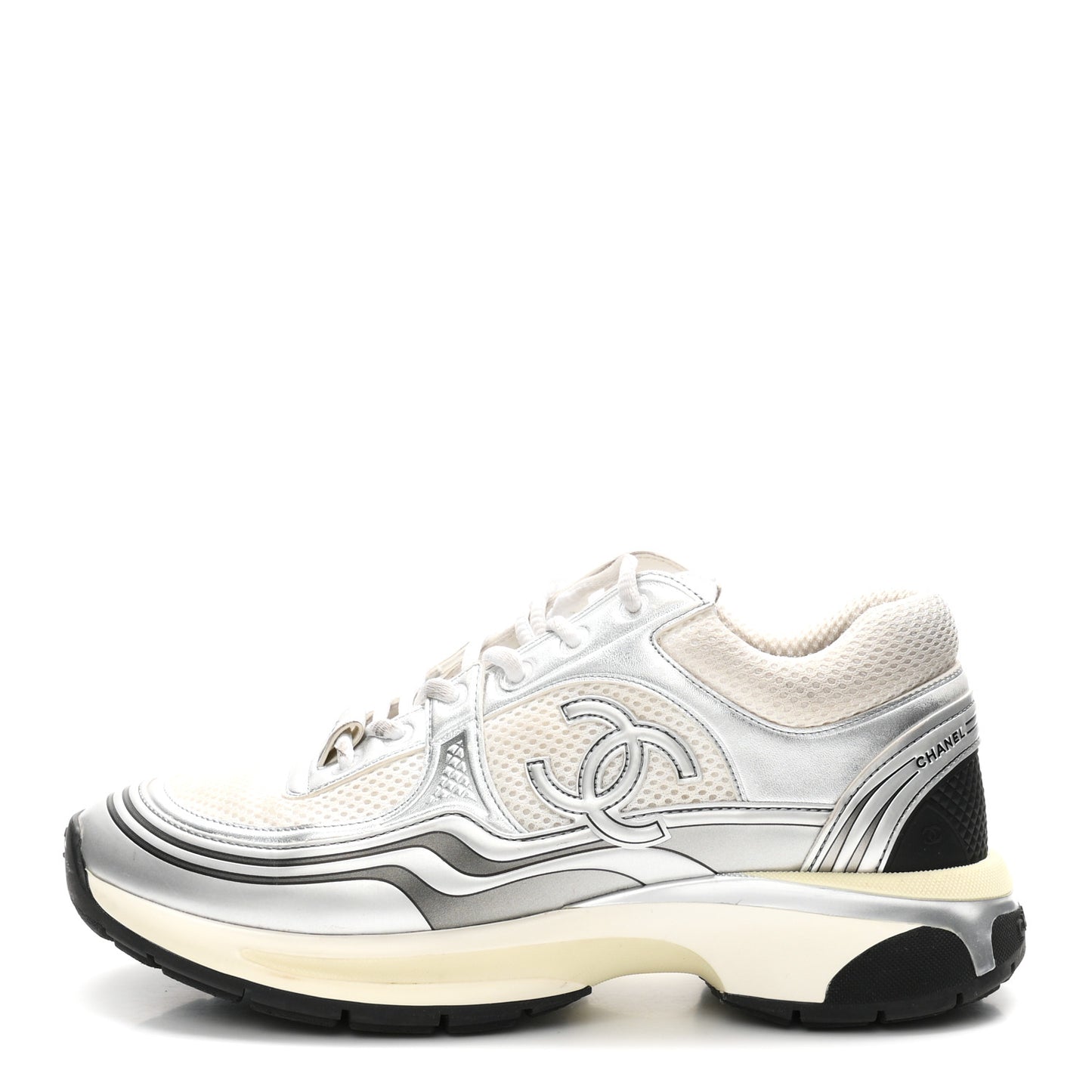Fabric Laminated Calfskin Stretch CC Womens Sneakers 39 White Silver