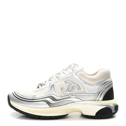 Chanel Fabric Laminated Calfskin Stretch CC Womens Sneakers 39 White Silver 1 of 9