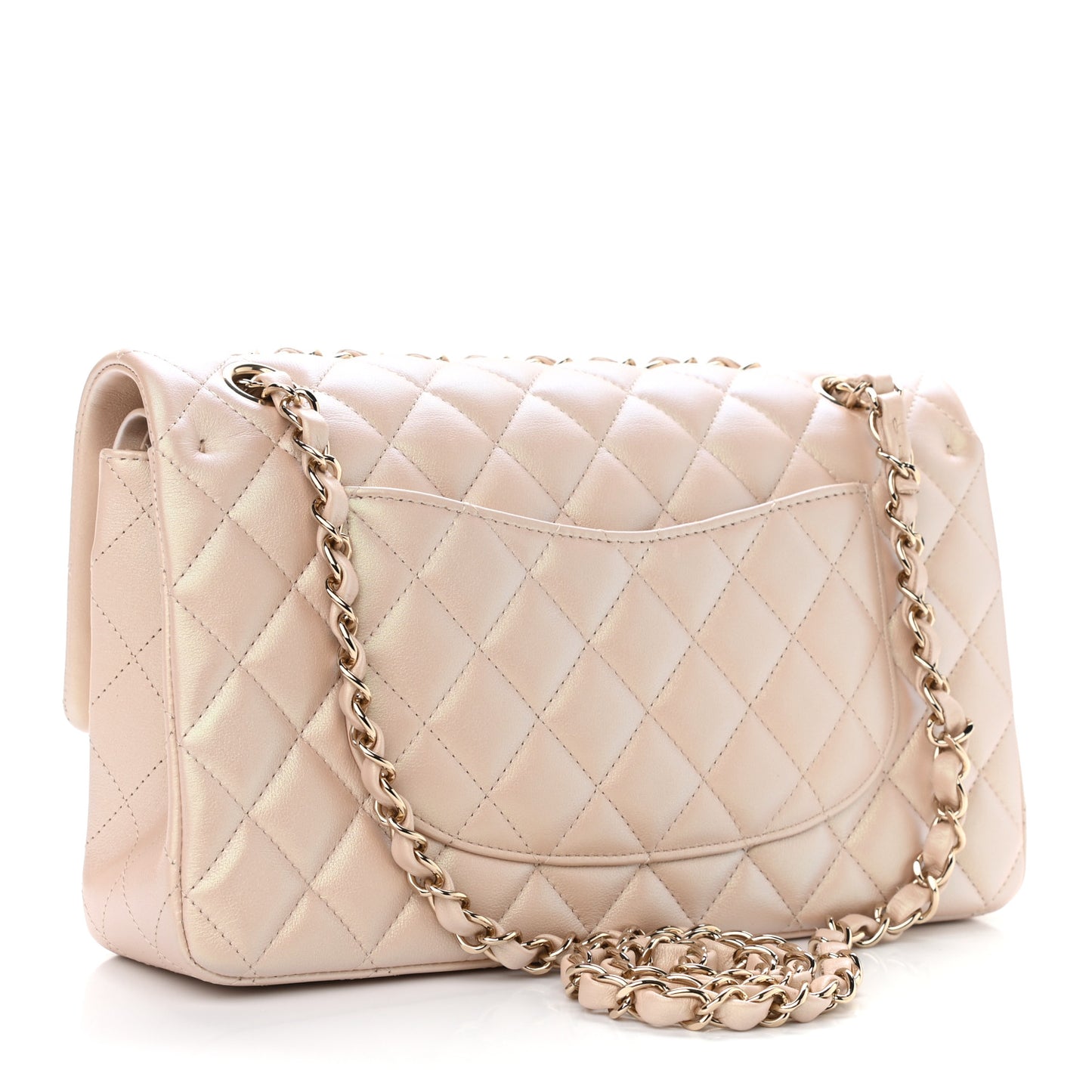 Iridescent Calfskin Quilted Medium Double Flap Beige