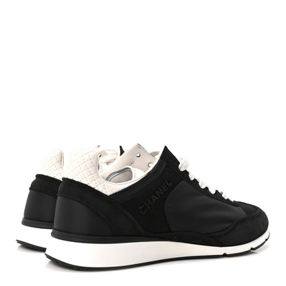 Chanel Nylon Suede Kidskin Calfskin Logo Sneakers 38 Black White 5 of 10