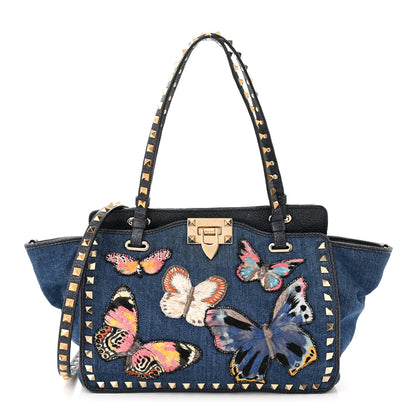 Valentino Garavani Denim Butterfly Embroidered Small Rockstud Tote Light Denim Multicolor 1 of 12