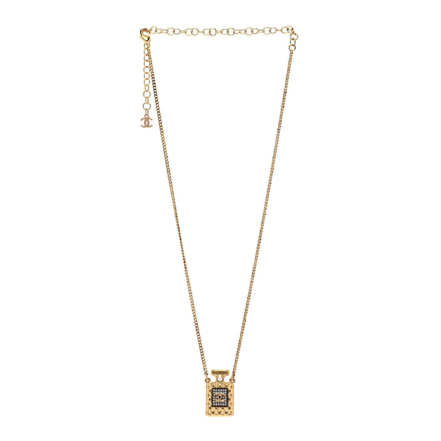 Chanel Crystal Pearl Perfume Bottle CC Necklace Black Gold 3 of 4