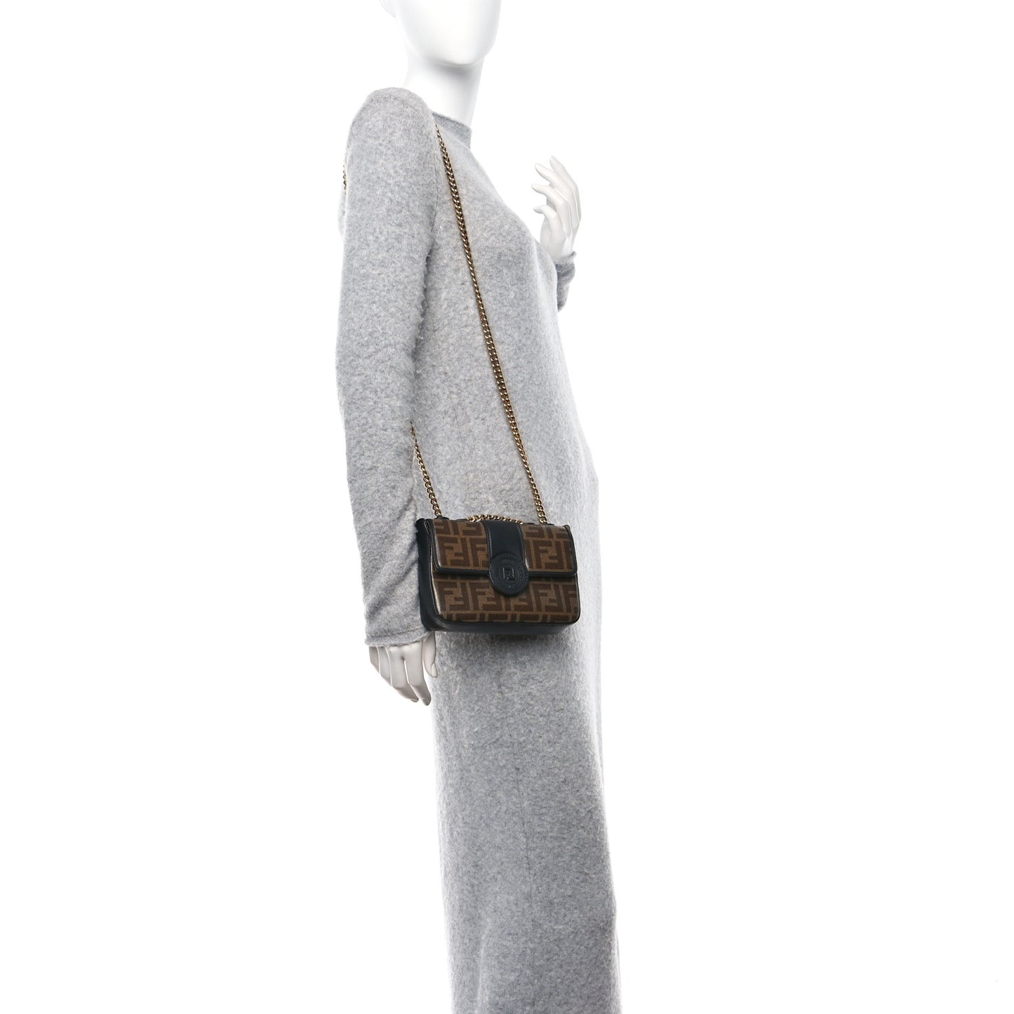 Glazed Fabric Vitello Century FF 1974 Stamp Patch Mini Double F Crossbody Bag Mogano Panna Black