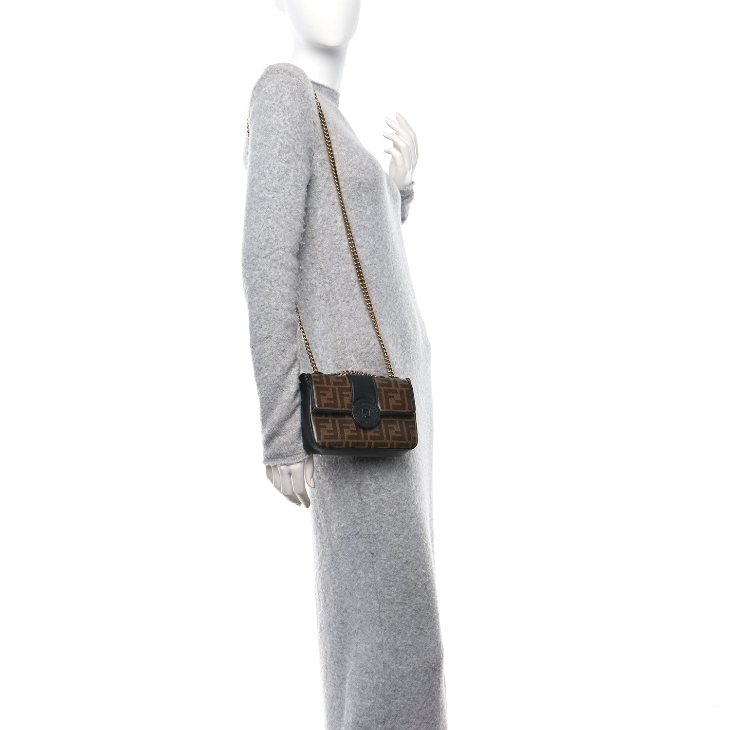Fendi Glazed Fabric Vitello Century FF 1974 Stamp Patch Mini Double F Crossbody Bag Mogano Panna Black 2 of 11