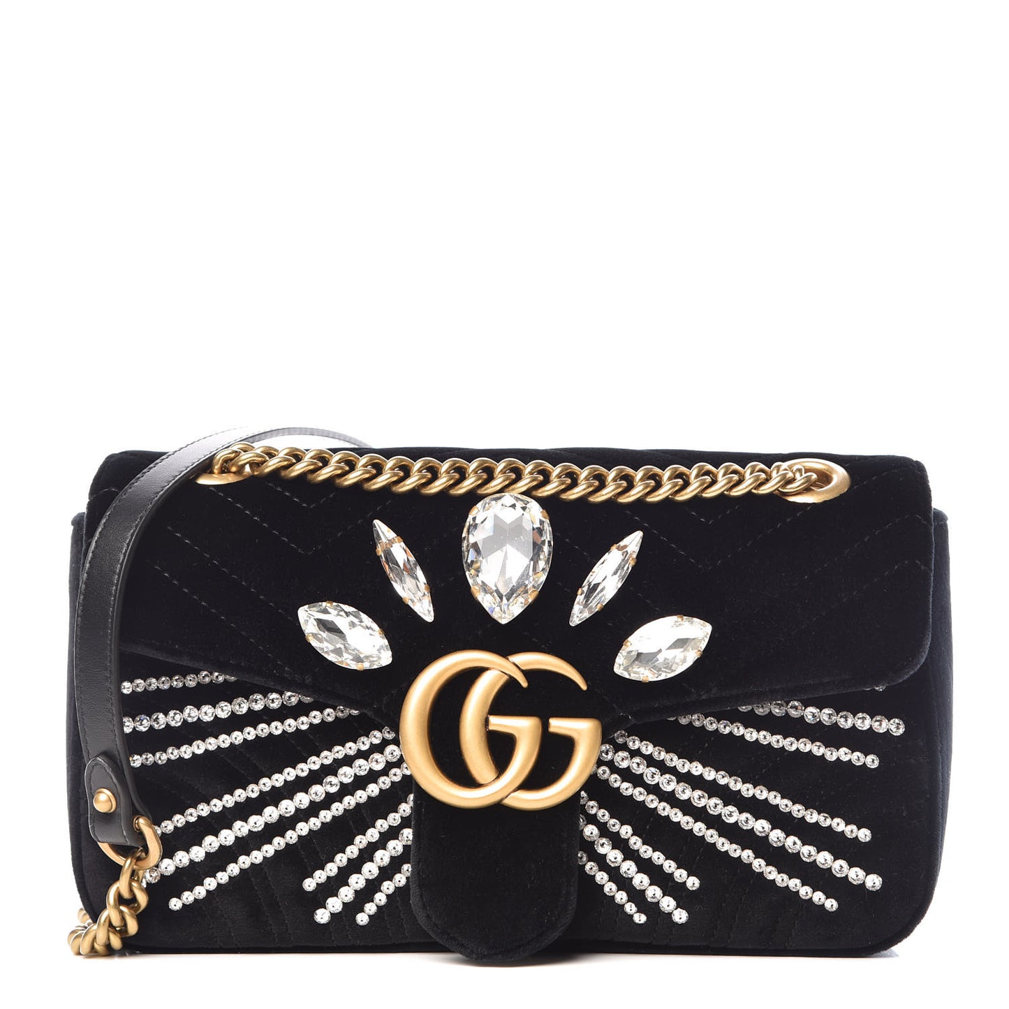 Velvet Matelasse Marquise Crystals Embroidered Small GG Marmont Shoulder Bag Black