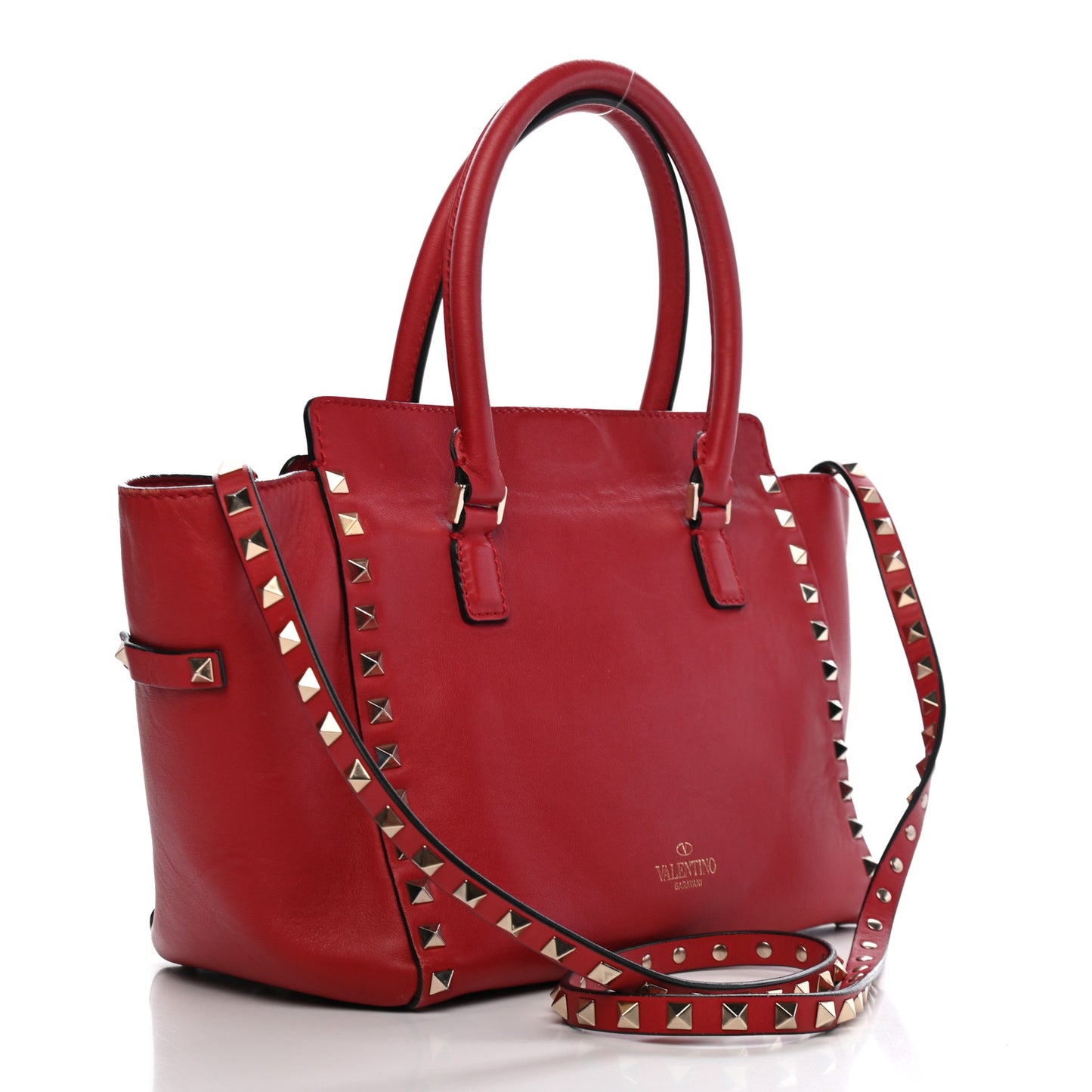 Vitello Small Rockstud Double Handle Tote Rosso Valentino