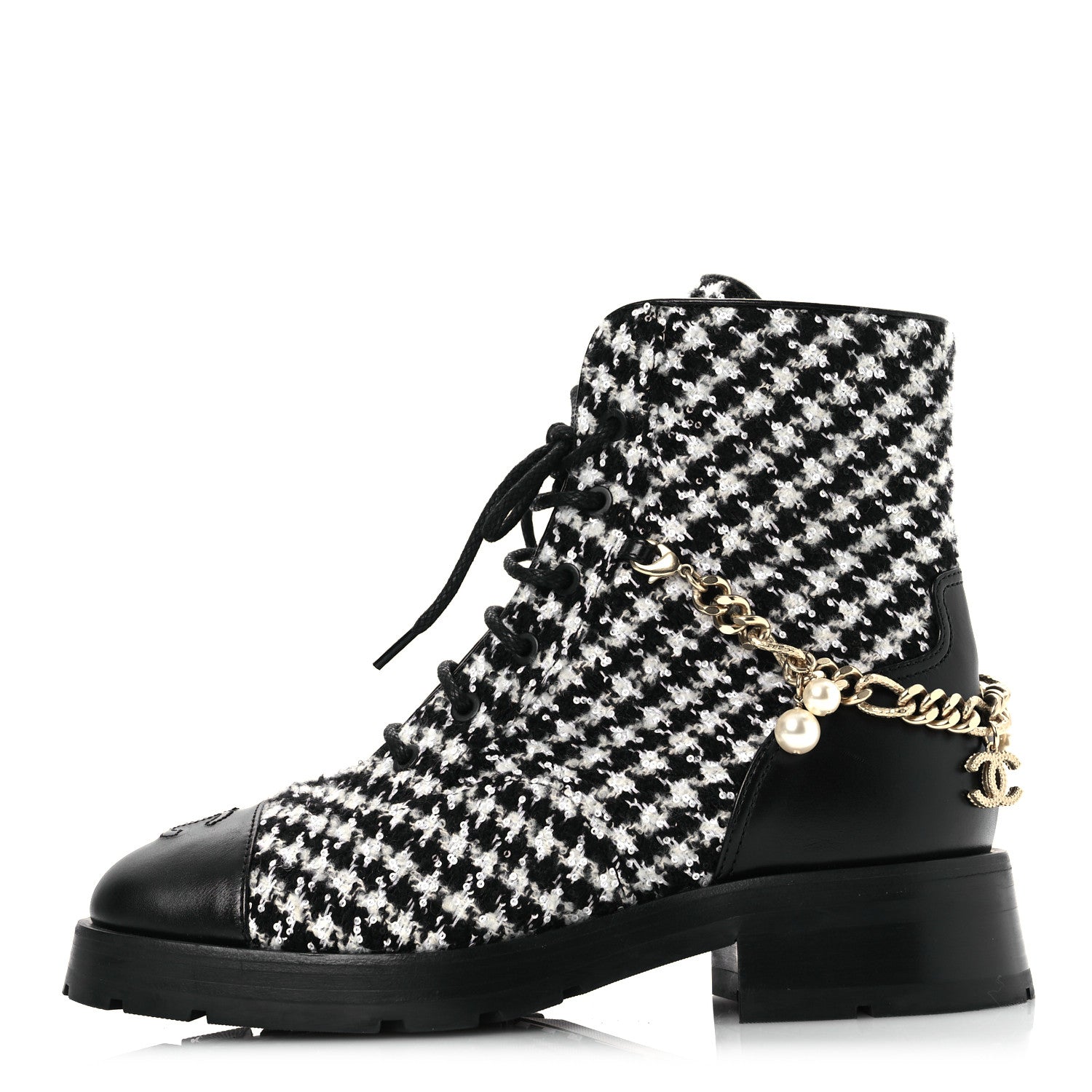Chanel Wool Tweed Calfskin Chain Lace Up Combat Boots 38 Black White 1 of 11