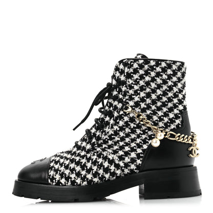 Chanel Wool Tweed Calfskin Chain Lace Up Combat Boots 38 Black White 1 of 11