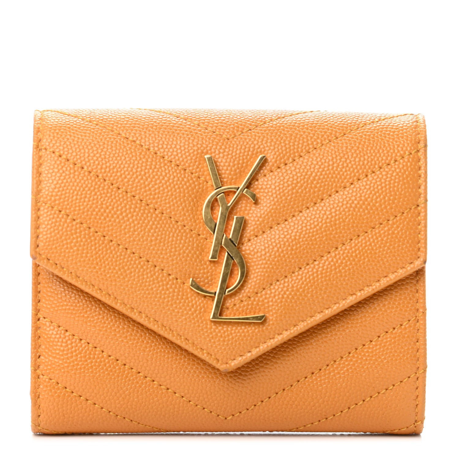 Saint Laurent Grain De Poudre Matelasse Chevron Monogram Compact Tri Fold Wallet Senape Yellow 1 of 4