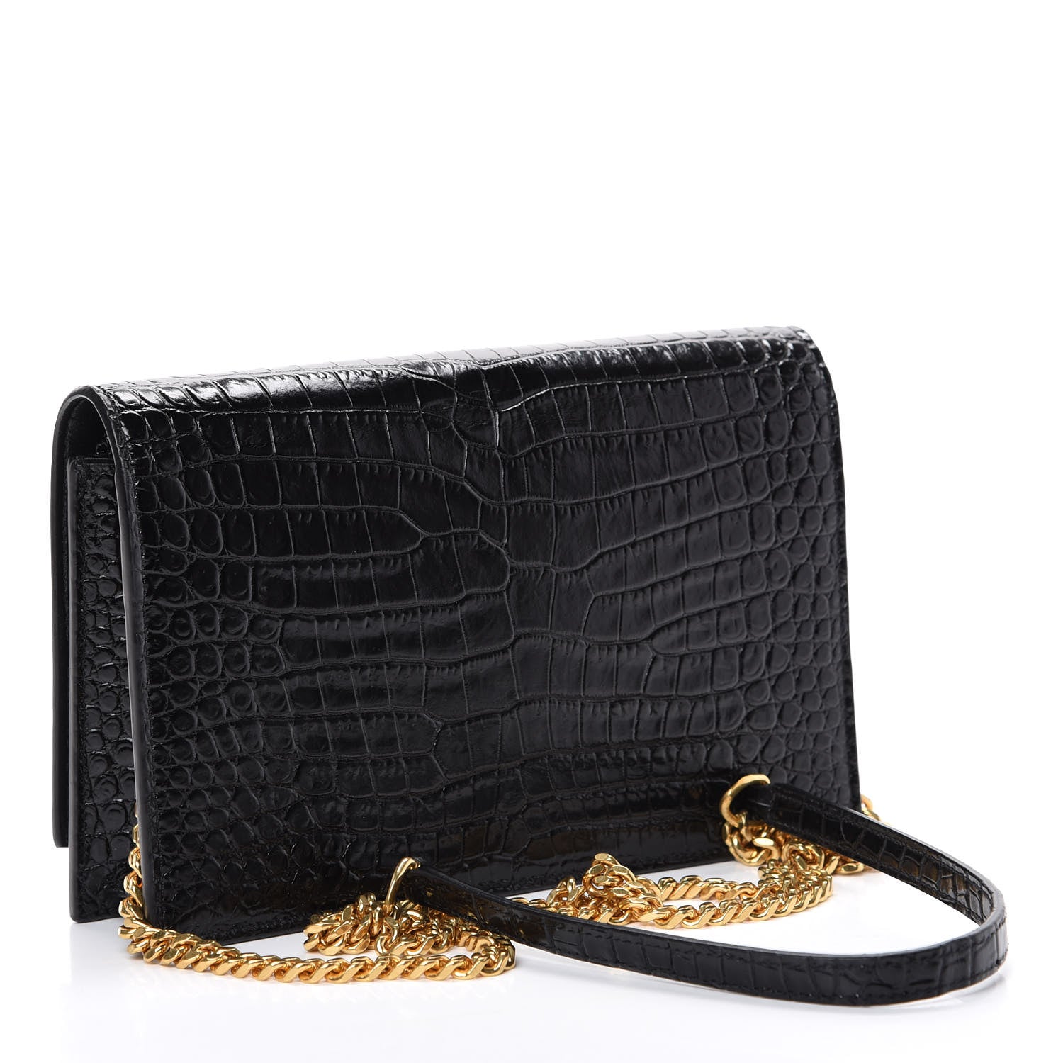 Saint Laurent Calfskin Crocodile Embossed Kate Monogram Tassel Chain Wallet Black 2 of 11